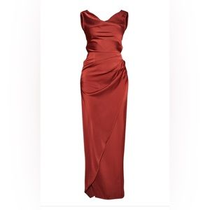 Burgundy Satin Cowl Neck Draped Maxi Dress